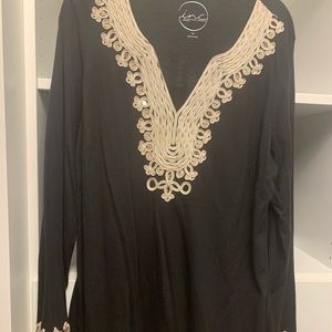Black long sleeved shirt with gold trim. INC